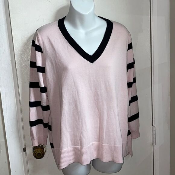MEL&LISA Light Pink w Black Stripes Cotton Sweater - Picture 1 of 5